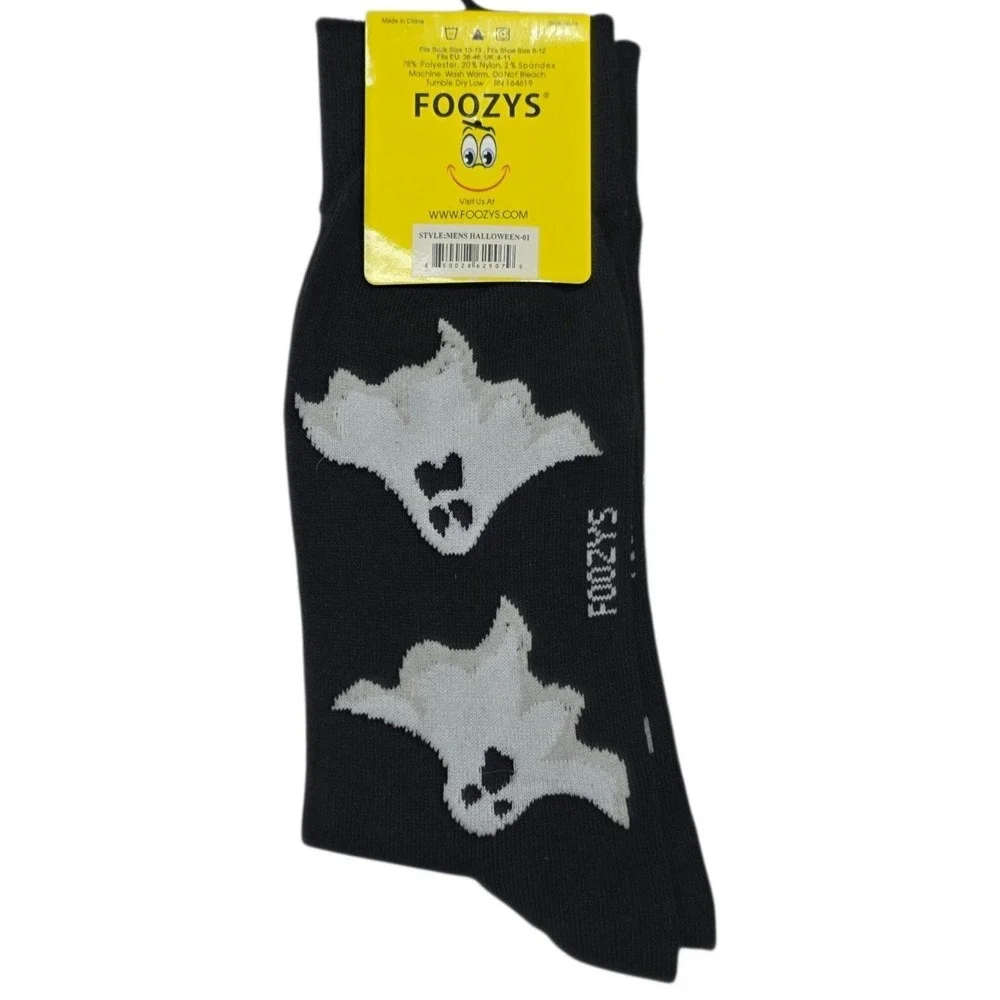 NEW Foozys Crew Socks Mens 10-13 Black Ghost Halloween Novelty Spooky Knit